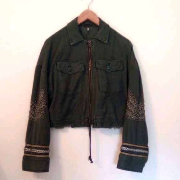 Free People Jackets & Blazers - Free People Cropped Embellished Army Green Jacket